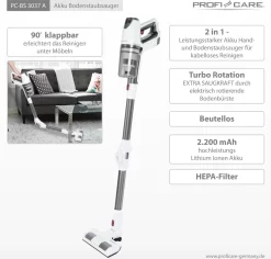ProfiCare 2in1 Hand-und Bodenstaubsauger PC-BS 3037 A, Leistungsstarker 29.6V Lithium Ionen Akku, Turbo-Modus, Inkl. Wandhalterung Mit Ladefunktion, Weiß-Silber -Philips Haushaltsgeräte Verkaufsgeschäft 29fb8f42ad7b3ae5e27f780881eb7890