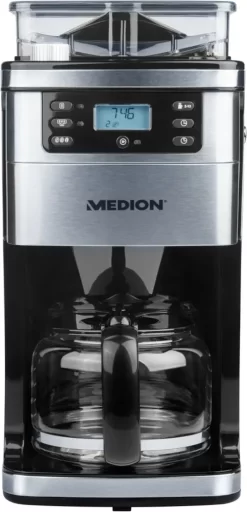 MEDION MD 15486 Kaffeemaschine Mit Mahlwerk Und Glaskanne, Wassertank: 1,5 Liter, 8 Mahlstufen, Max. 1050 Watt, Silber, Edelstahl