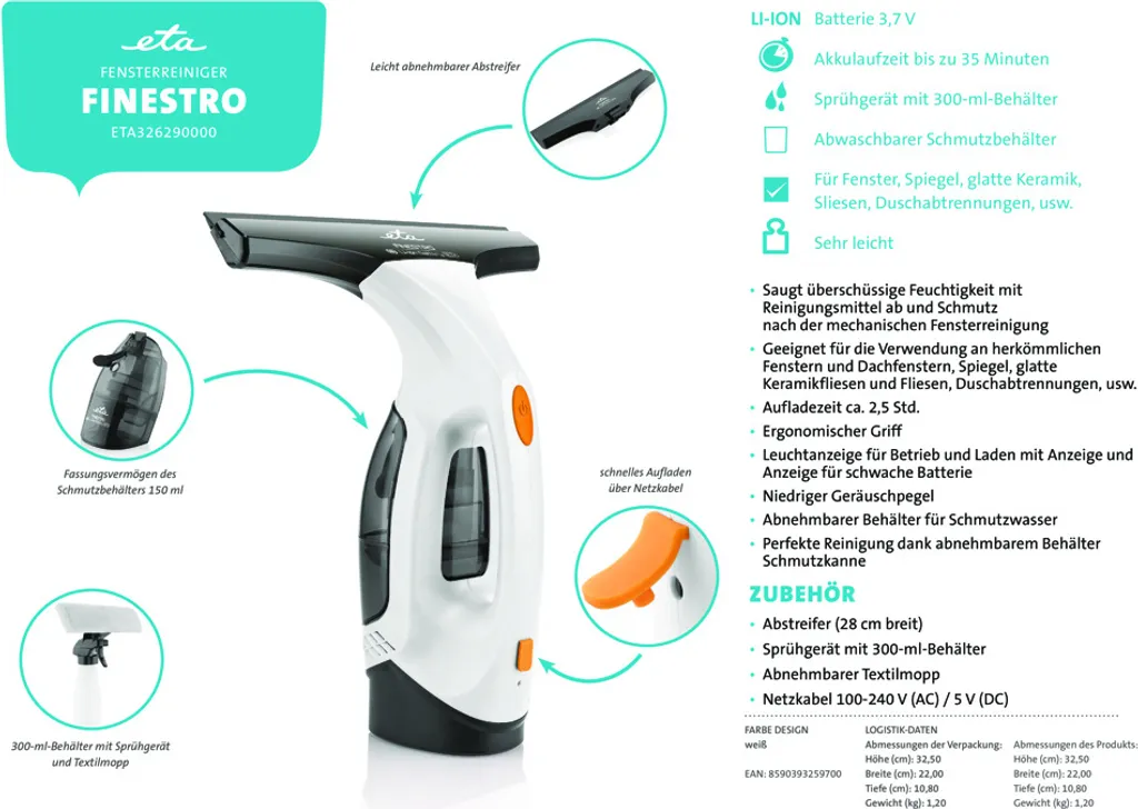 ETA FINESTRO Dampf Fensterreiniger ETA32629000, Fensterreiniger Finestro Für Fenster, Dachfenster, Spiegel, Keramischen Belag, Pflaster Und Duschecken, Li-ion Akku 11 ETA FINESTRO Dampf Fensterreiniger ETA32629000, Fensterreiniger Finestro Für Fenster, Dachfenster, Spiegel, Keramischen Belag, Pflaster Und Duschecken, Li-ion Akku – Bild 11