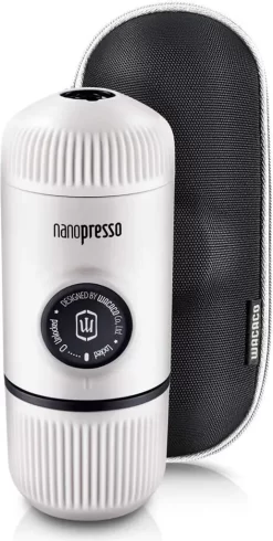 WACACO Nanopresso Tragbare Espressomaschine, Mit Nanopresso-Etui, Upgrade-Version Von Minipresso, Reisekaffeemaschine, Kaffee-To-Go, Manuell Betrieben, Weiß, Nachhaltig