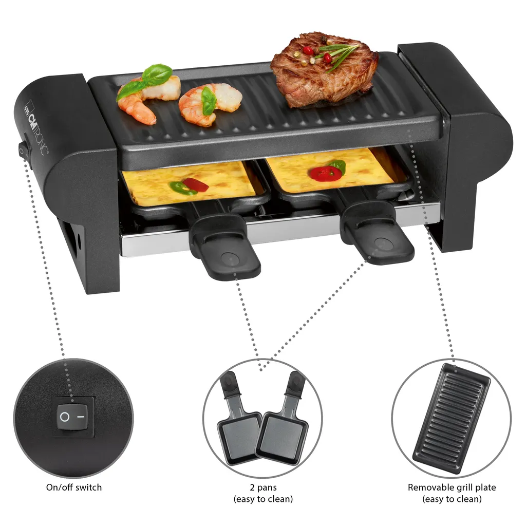 Clatronic Raclette Grill RG 3592 Schwarz / Party / Ideal Für 2 Personen / Tischgrill / Cool Touch-Gehäuse / Antihaftbeschichtet 7 Clatronic Raclette Grill RG 3592 Schwarz / Party / Ideal Für 2 Personen / Tischgrill / Cool Touch-Gehäuse / Antihaftbeschichtet – Bild 7