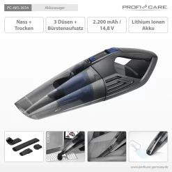 ProfiCare Akku-Sauger PC-AKS 3034, 2 In 1 Nass-und Trockensauger In Einem, Für Alle Oberflächen Geeignet, Leistungsstarker 14,8 V Lithium Ionen Akku, Anthrazit-blau -Philips Haushaltsgeräte Verkaufsgeschäft 5ee25b1cc640726ed8a72ead652b32cf