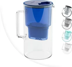 Wessper Wasserfilterkanne Aus Glas 2.5 L Kompatibel Mit Brita-Wasserfilterkartuschen, Inklusive 1 Wasserfilter-Kartusche, Reduziert Kalk Und Chlor, Marineblau