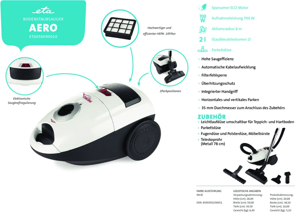 ETA Bodenstaubsauger AERO ETA050090010, ECO Motor, 700 Watt, Mit Beutel, Für Alle Bodenarten Geeignet 17 ETA Bodenstaubsauger AERO ETA050090010, ECO Motor, 700 Watt, Mit Beutel, Für Alle Bodenarten Geeignet – Bild 17