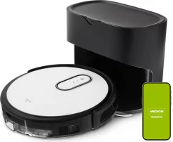 MEDION Saugroboter Mit Absaugstation S40 (2000Pa, Intelligente Navigation, Alexa Roboterstaubsauger Für Hartböden Fliesen Laminat, Teppicherkennung, Tierhaar Optimiert, HEPA14 Filter, Fernbedienung)