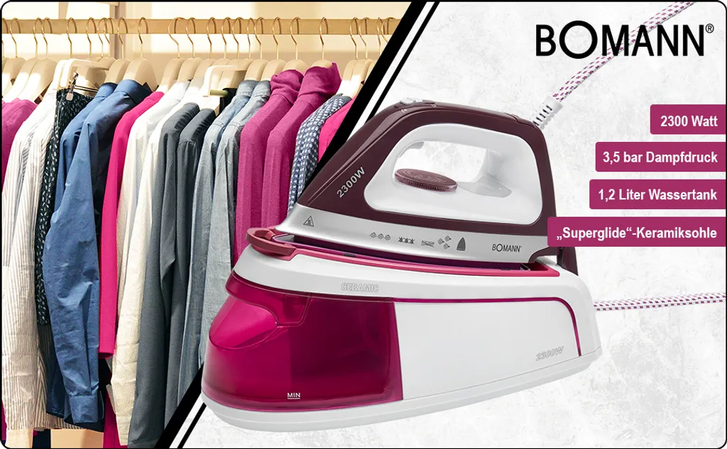 Bomann DBS 6034 CB Dampfbügelstation, Superglide-Keramiksohle, 3,5 Bar Dampfdruck, Elektronisches Anti-Tropf-System, 2300W, Weiß-flieder 12 Bomann DBS 6034 CB Dampfbügelstation, Superglide-Keramiksohle, 3,5 Bar Dampfdruck, Elektronisches Anti-Tropf-System, 2300W, Weiß-flieder – Bild 12