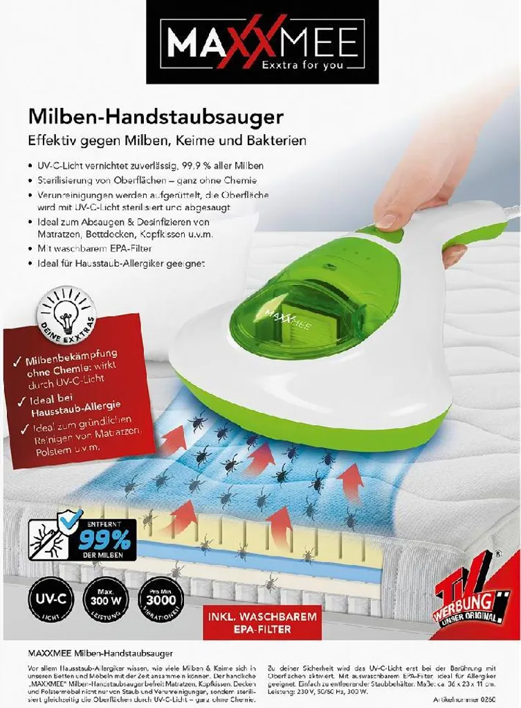 MAXXMEE Milben-Handstaubsauger Mit UV-C Licht - 300 W - Weiß/limegreen Milben Sauger UV Licht Handstaubsauger Entferner Allergiker Handsauger MAXXMEE 8 MAXXMEE Milben-Handstaubsauger Mit UV-C Licht - 300 W - Weiß/limegreen Milben Sauger UV Licht Handstaubsauger Entferner Allergiker Handsauger MAXXMEE – Bild 8