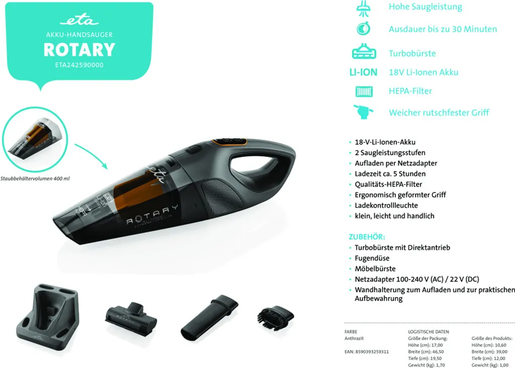 ETA Rotary ETA242590000 Akku-Handsauger, Li-ion Akku 18 V, HEPA-Filter, Elektrischer Rotationsbürste 17 ETA Rotary ETA242590000 Akku-Handsauger, Li-ion Akku 18 V, HEPA-Filter, Elektrischer Rotationsbürste – Bild 17