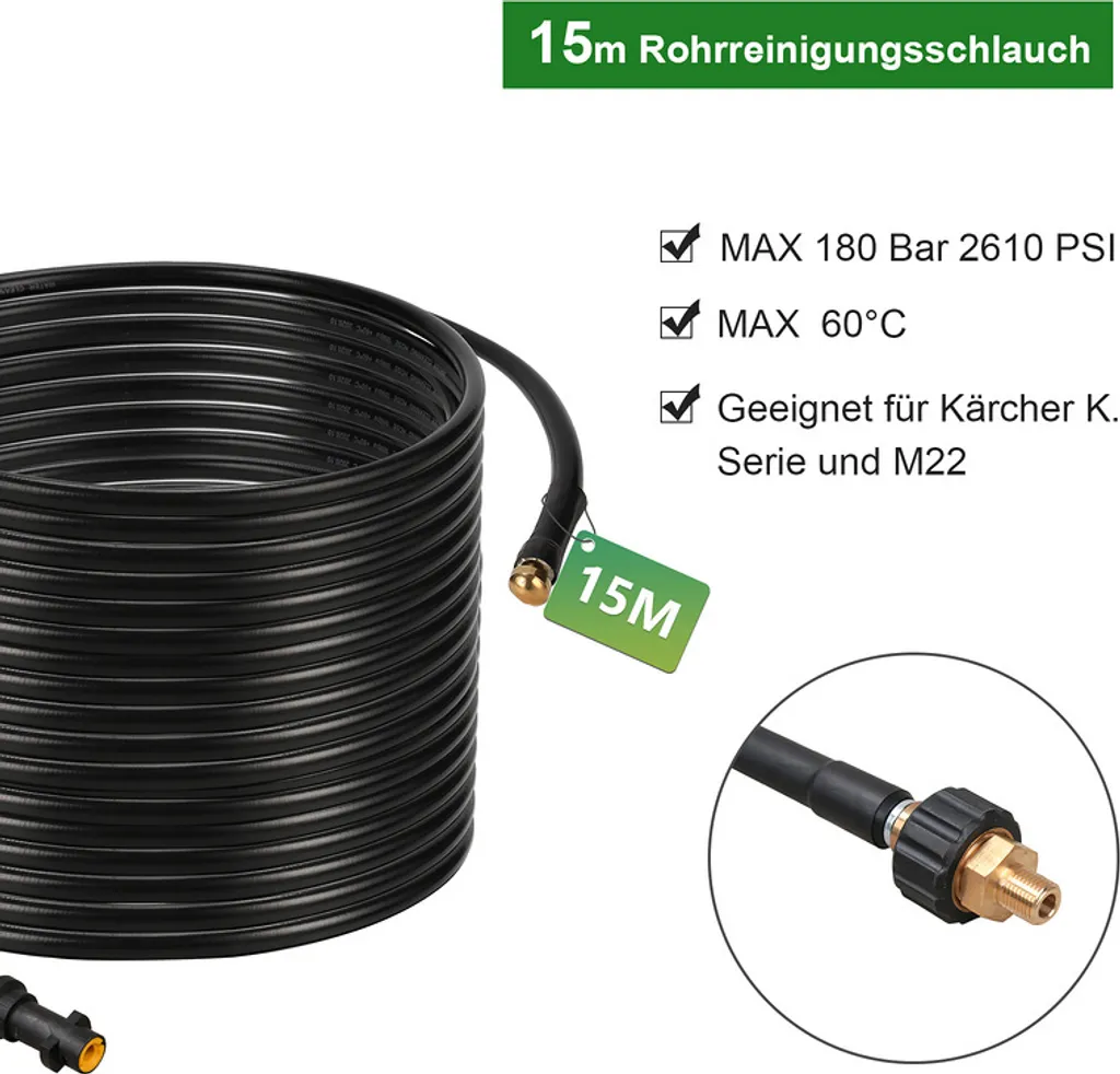 Wolketon 15m Rohrreinigungsschlauch Rohrreiniger Set Für Kärcher Kränzle K2 - K7 Hochdruckreiniger 2 Wolketon 15m Rohrreinigungsschlauch Rohrreiniger Set Für Kärcher Kränzle K2 - K7 Hochdruckreiniger – Bild 2