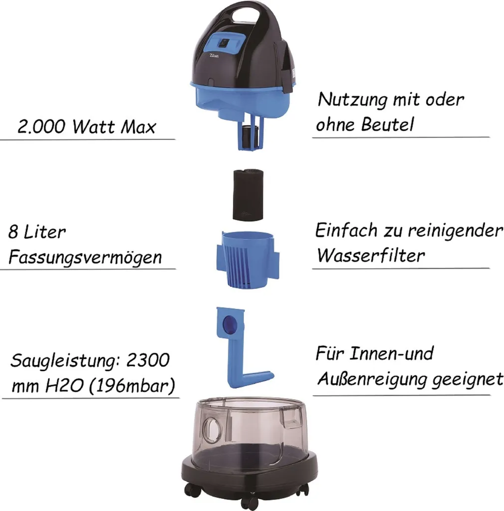 Zilan Staubsauger Mit Wasserfilter | Wasserstaubsauger | Nass Und Trocken | Boden Staubsauger | 8 LIter | 2.000 Watt | Beutellos | Grau 2 Zilan Staubsauger Mit Wasserfilter | Wasserstaubsauger | Nass Und Trocken | Boden Staubsauger | 8 LIter | 2.000 Watt | Beutellos | Grau – Bild 2
