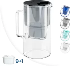Glas Wasserfilter Wessper 2,5 L Mit 10 Filterkartuschen, Kompatibel Mit Brita Maxtra Schwarz