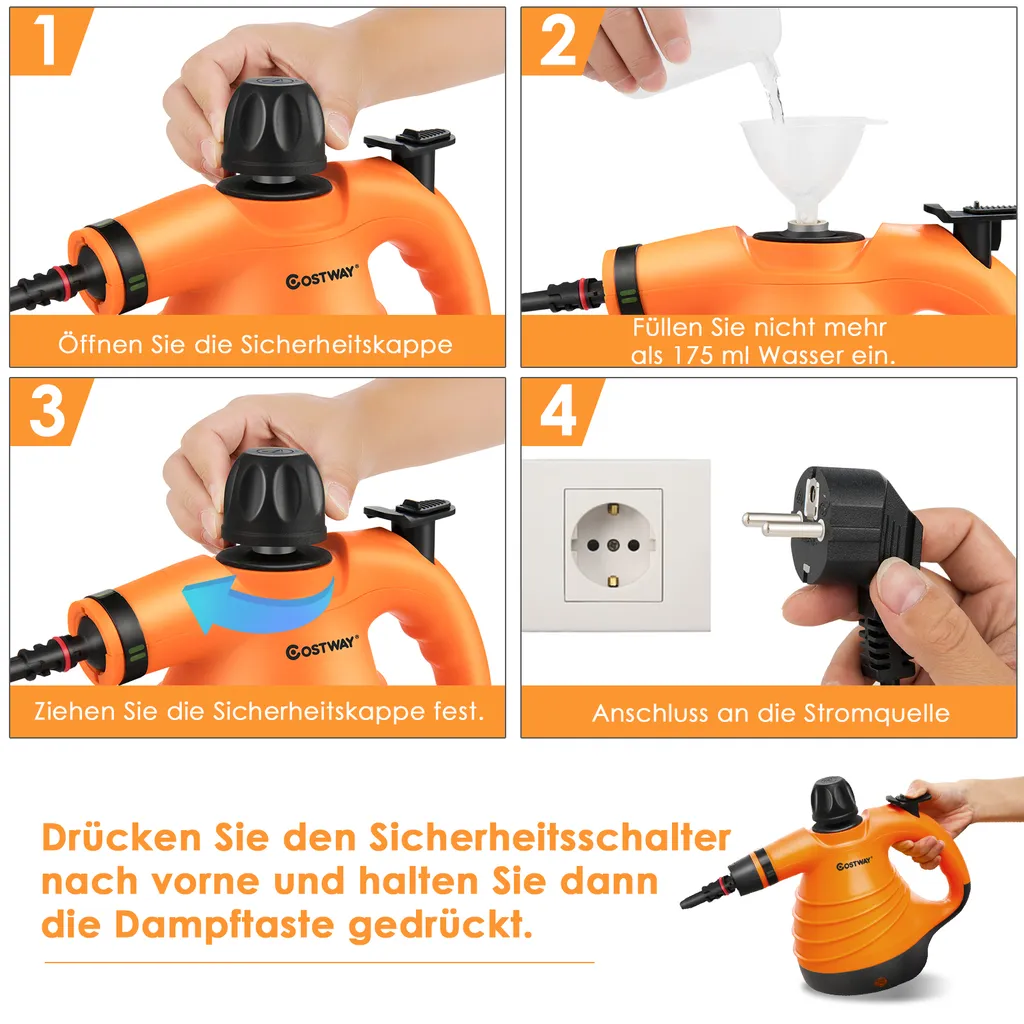 COSTWAY Dampfreiniger Inkl. 9 Zubehör, Handdampfreiniger, Dampfreinigen Handgerät 3 Bar / 250ml / 1050W / 4min Aufheizzeit/für Teppiche, Vorhänge, Autositze, Küche (Orange) 4 COSTWAY Dampfreiniger Inkl. 9 Zubehör, Handdampfreiniger, Dampfreinigen Handgerät 3 Bar / 250ml / 1050W / 4min Aufheizzeit/für Teppiche, Vorhänge, Autositze, Küche (Orange) – Bild 4