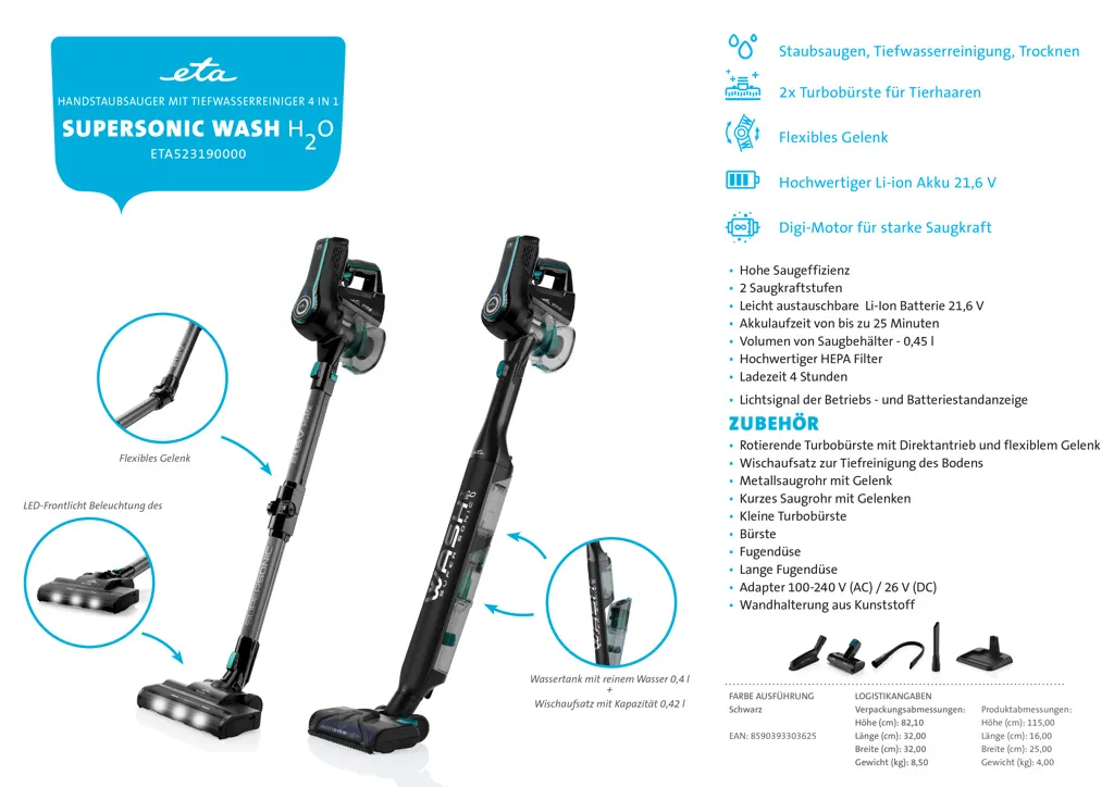 ETA SUPERSONIC WASH ETA523190000 Multifunktionaler Handstaubsauger, 135 W, 21,6 V Li-Ion-Akku, Digitalmotor, LED-Beleuchtung, HEPA-Filter, Saugt, Reinigt Tief, Trocknet, Wischt 20 ETA SUPERSONIC WASH ETA523190000 Multifunktionaler Handstaubsauger, 135 W, 21,6 V Li-Ion-Akku, Digitalmotor, LED-Beleuchtung, HEPA-Filter, Saugt, Reinigt Tief, Trocknet, Wischt – Bild 20